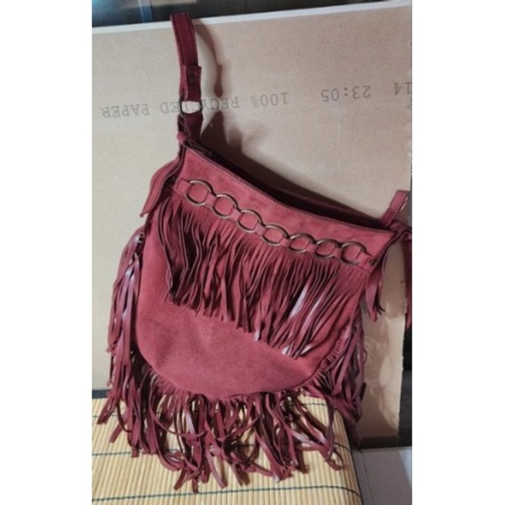 Suede Leather Fringe Shoulder Bag Boho Western Purse Burgundy Medium Fringe